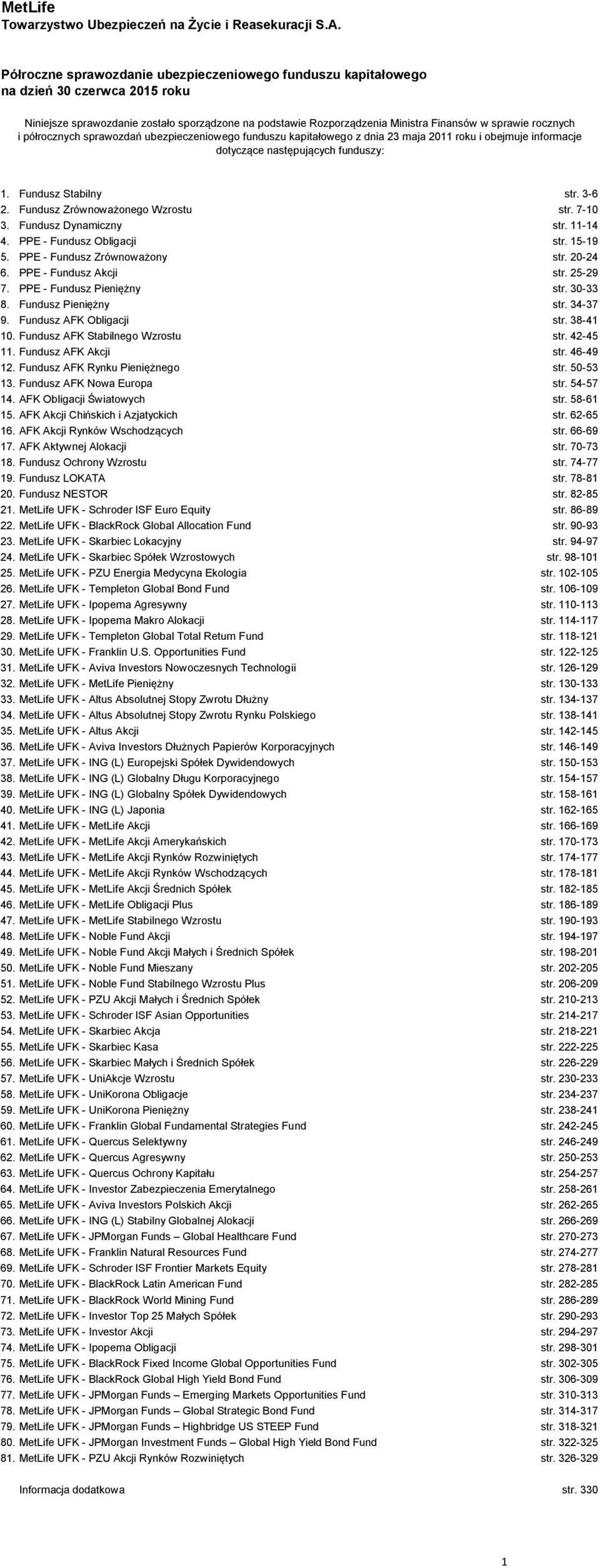 ubezpieczeniowego funduszu kapitałowego z dnia 23 maja 2011 roku i obejmuje informacje dotyczące następujących funduszy: 1. Fundusz Stabilny str. 3-6 2. Fundusz Zrównoważonego Wzrostu str. 7-10 3.
