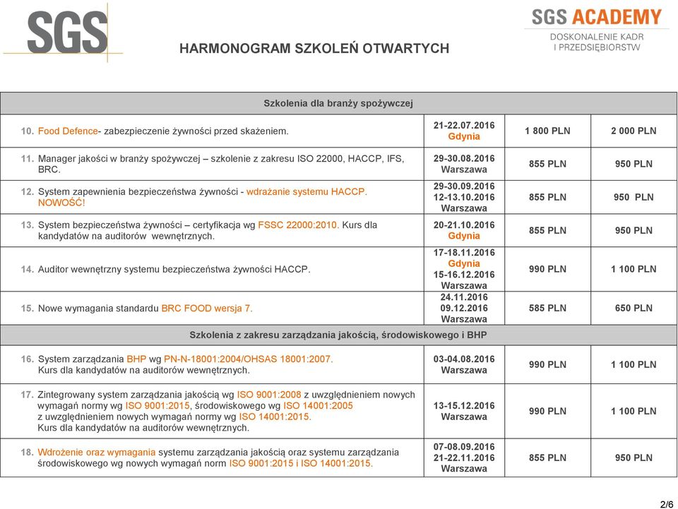 System bezpieczeństwa żywności certyfikacja wg FSSC 22000:2010. Kurs dla kandydatów na auditorów wewnętrznych. 14. Auditor wewnętrzny systemu bezpieczeństwa żywności HACCP. 15.