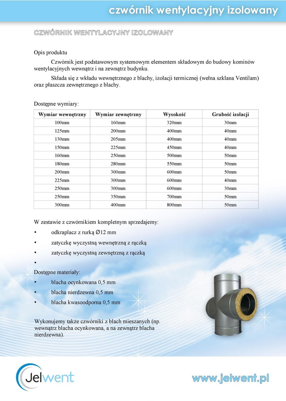 Wymiar wewnętrzny Wymiar zewnętrzny Wysokość Grubość izolacji 100mm 320mm 125mm 1 205mm 1 4 2 500mm 180mm 280mm 5 2 2 3 700mm 800mm W zestawie z czwórnikiem kompletnym