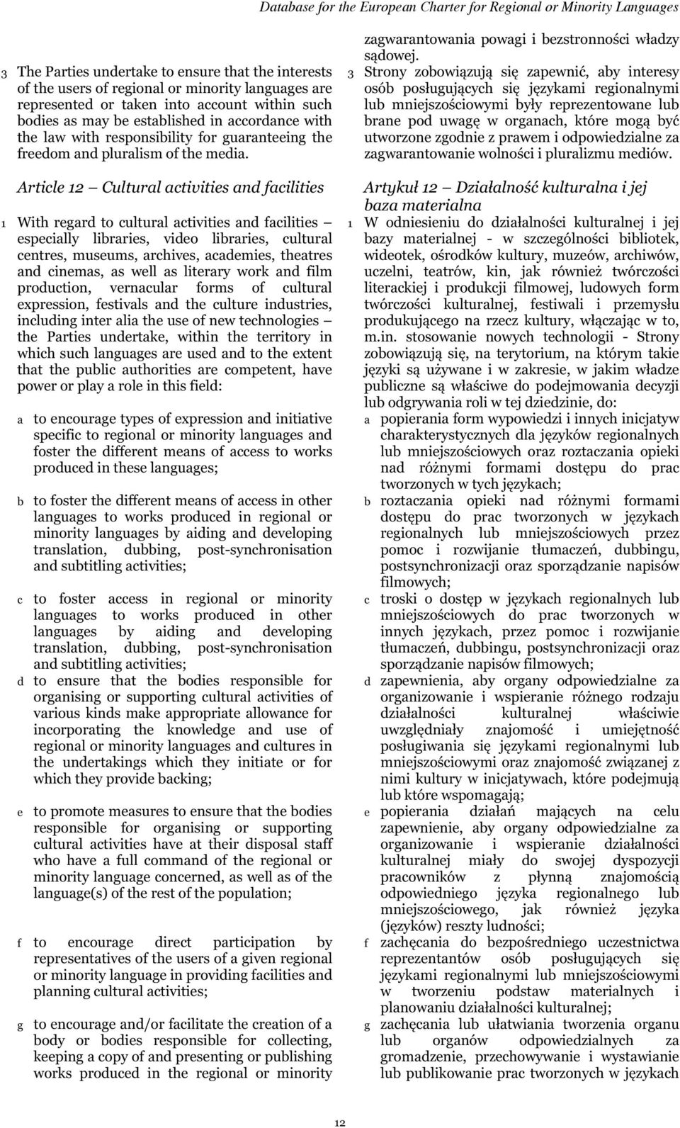 Article 12 Cultural activities and facilities 1 With regard to cultural activities and facilities especially libraries, video libraries, cultural centres, museums, archives, academies, theatres and