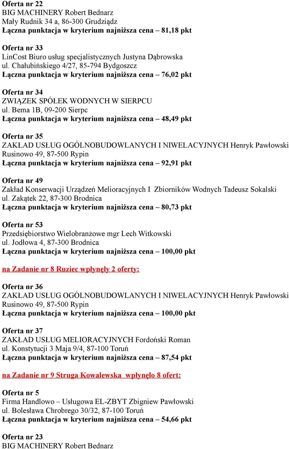 I Zbiorników Wodnych Tadeusz Sokalski ul. Zakątek 22, 87-300 Brodnica Łączna punktacja w kryterium najniższa cena 80,73 pkt Oferta nr 53 Przedsiębiorstwo Wielobranżowe mgr Lech Witkowski ul.