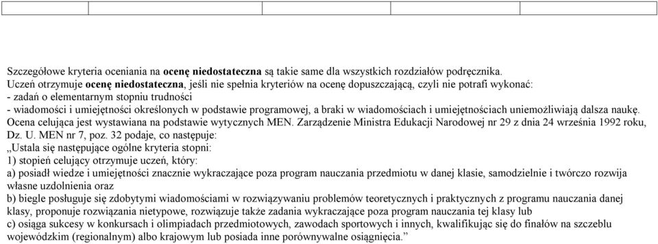 podstawie programowej, a braki w wiadomościach i umiejętnościach uniemożliwiają dalsza naukę. Ocena celująca jest wystawiana na podstawie wytycznych MEN.