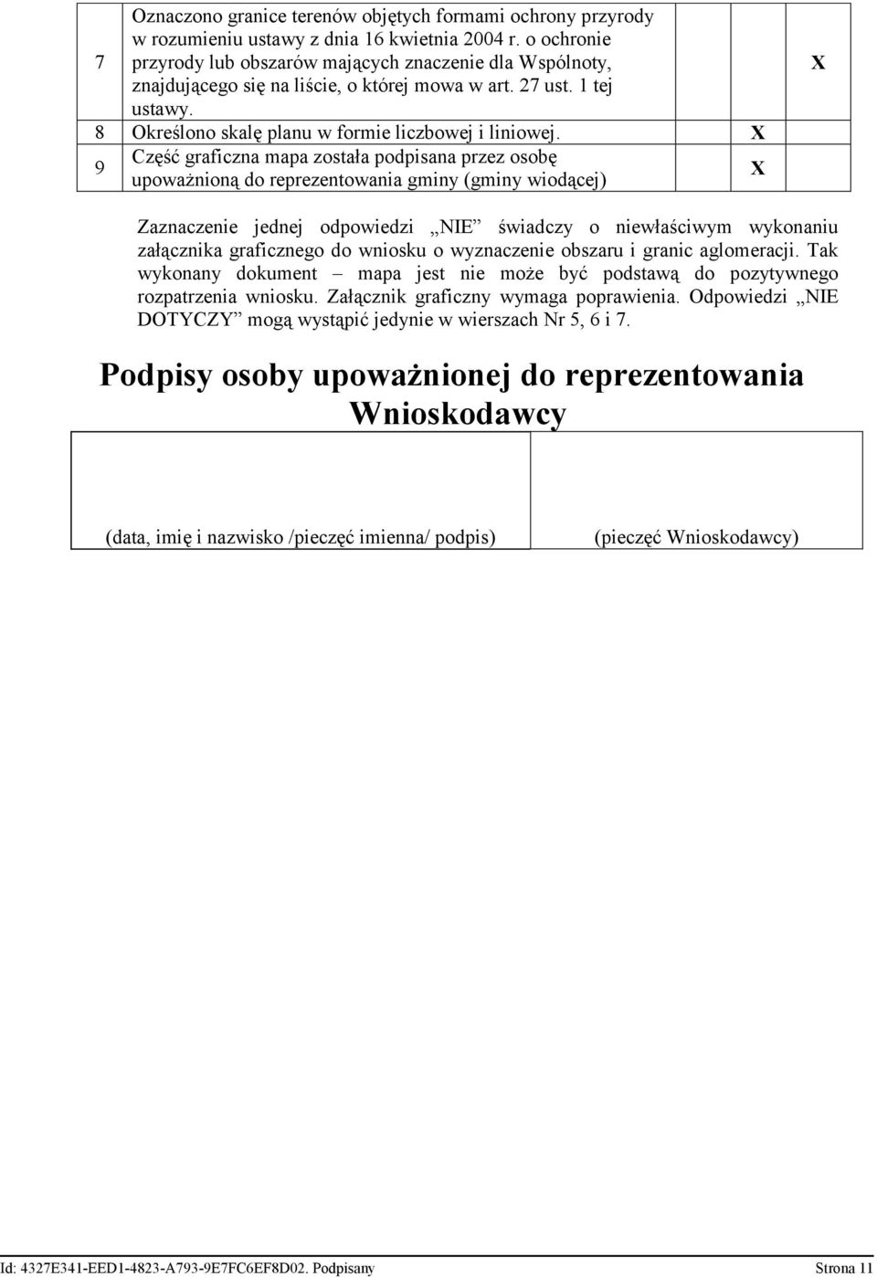 9 Część graficzna mapa została podpisana przez osobę upoważnioną do reprezentowania gminy (gminy wiodącej) Zaznaczenie jednej odpowiedzi NIE świadczy o niewłaściwym wykonaniu załącznika graficznego