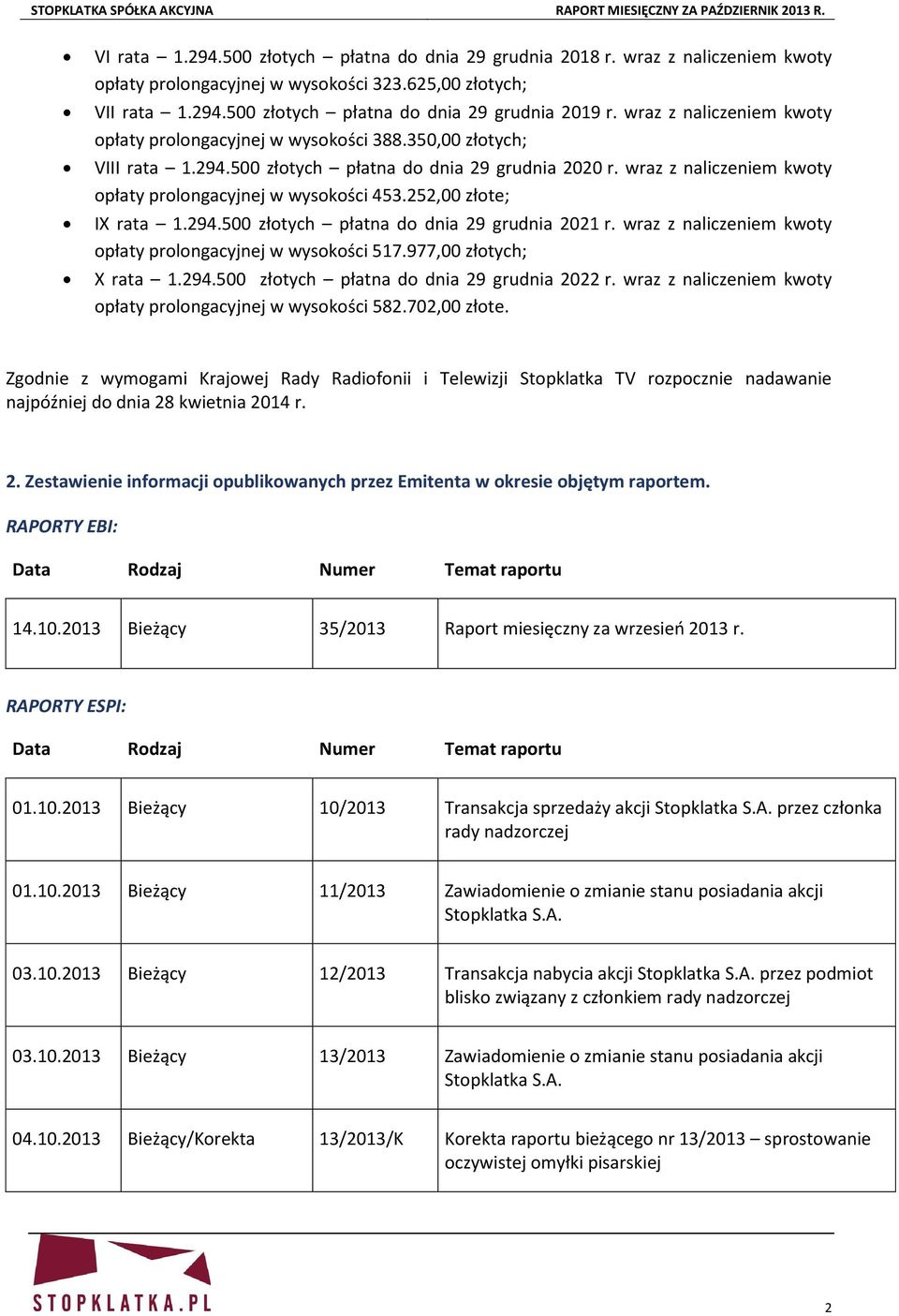 wraz z naliczeniem kwoty opłaty prolongacyjnej w wysokości 453.252,00 złote; IX rata 1.294.500 złotych płatna do dnia 29 grudnia 2021 r. wraz z naliczeniem kwoty opłaty prolongacyjnej w wysokości 517.