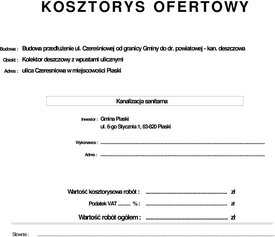 .. Adres :... Wartość kosztorysowa robót :.