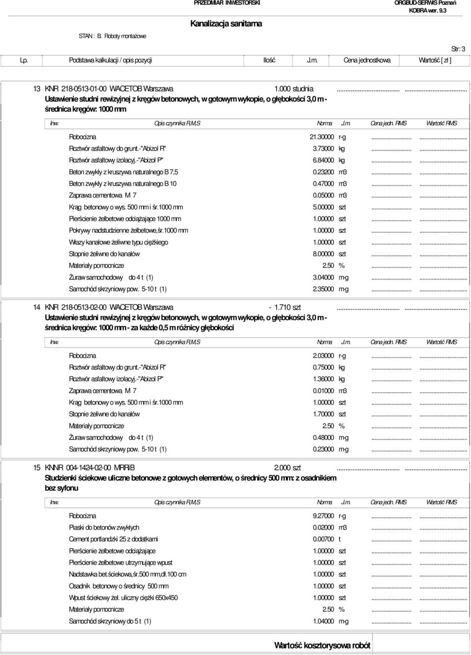 ..... Roztwór asfaltowy izolacyj.-"abizol P" 6.84000 kg...... Beton zwykły z kruszywa naturalnego B 7,5 0.23200 m3...... Beton zwykły z kruszywa naturalnego B 10 0.47000 m3...... Zaprawa cementowa M 7 0.