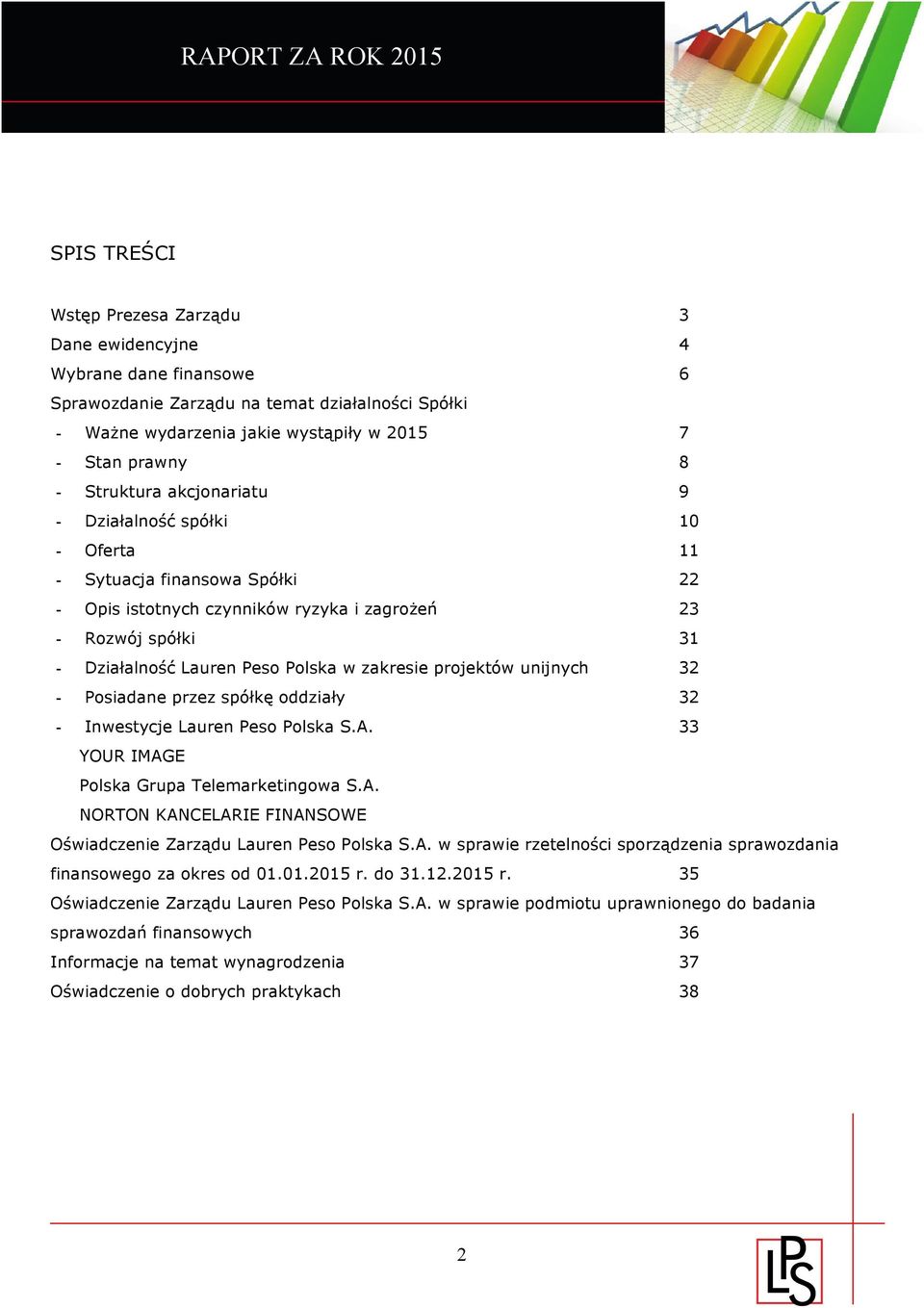 zakresie projektów unijnych 32 - Posiadane przez spółkę oddziały 32 - Inwestycje Lauren Peso Polska S.A. 33 YOUR IMAGE Polska Grupa Telemarketingowa S.A. NORTON KANCELARIE FINANSOWE Oświadczenie Zarządu Lauren Peso Polska S.