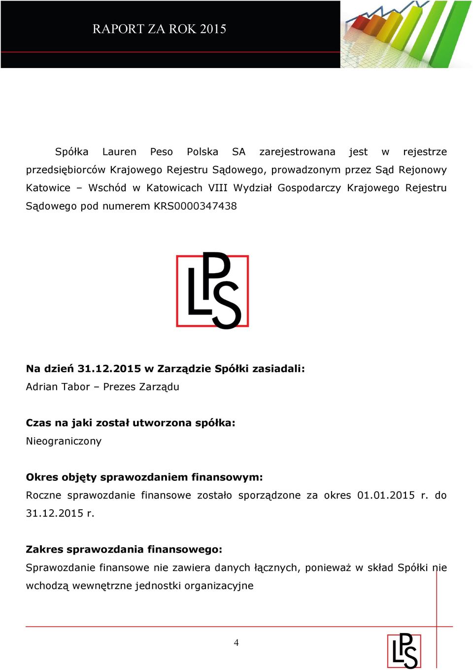 2015 w Zarządzie Spółki zasiadali: Adrian Tabor Prezes Zarządu Czas na jaki został utworzona spółka: Nieograniczony Okres objęty sprawozdaniem finansowym: Roczne