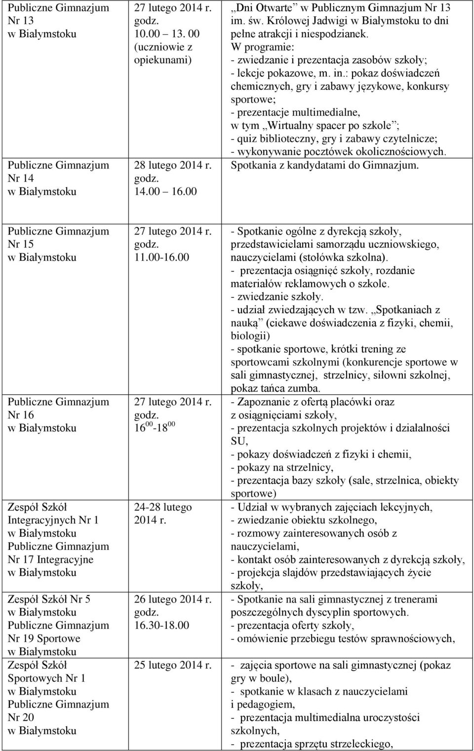 : pokaz doświadczeń chemicznych, gry i zabawy językowe, konkursy sportowe; - prezentacje multimedialne, w tym Wirtualny spacer po szkole ; - quiz biblioteczny, gry i zabawy czytelnicze; - wykonywanie