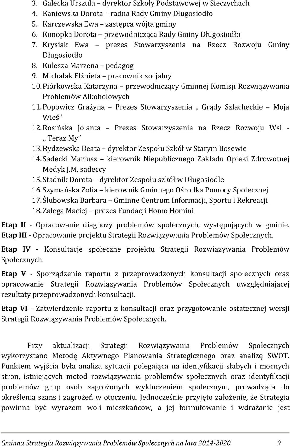 Piórkowska Katarzyna przewodniczący Gminnej Komisji Rozwiązywania Problemów Alkoholowych 11. Popowicz Grażyna Prezes Stowarzyszenia,, Grądy Szlacheckie Moja Wieś 12.