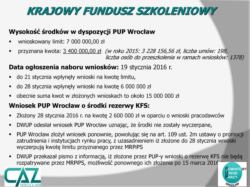 do 21 stycznia wpłynęły wnioski na kwotę limitu, do 28 stycznia wpłynęły wnioski na kwotę 6 000 000 zł obecnie suma kwot w złożonych wnioskach to około 15 000 000 zł Wniosek PUP Wrocław o środki