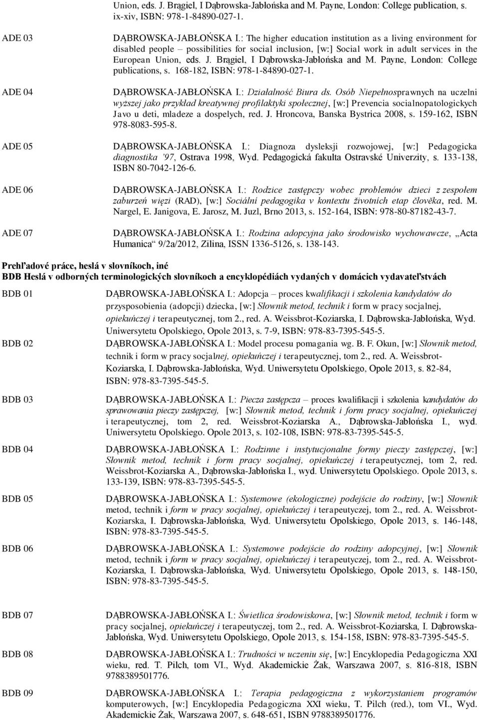 Brągiel, I Dąbrowska-Jabłońska and M. Payne, London: College publications, s. 168-182, ISBN: 978-1-84890-027-1. DĄBROWSKA-JABŁOŃSKA I.: Działalność Biura ds.