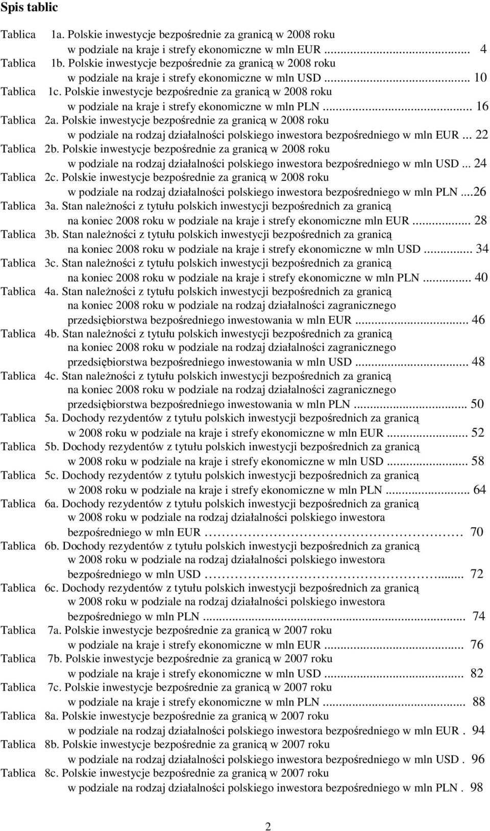 Polskie inwestycje bezpośrednie za granicą w 2008 roku w podziale na rodzaj działalności polskiego inwestora bezpośredniego w mln EUR... 22 Tablica 2b.