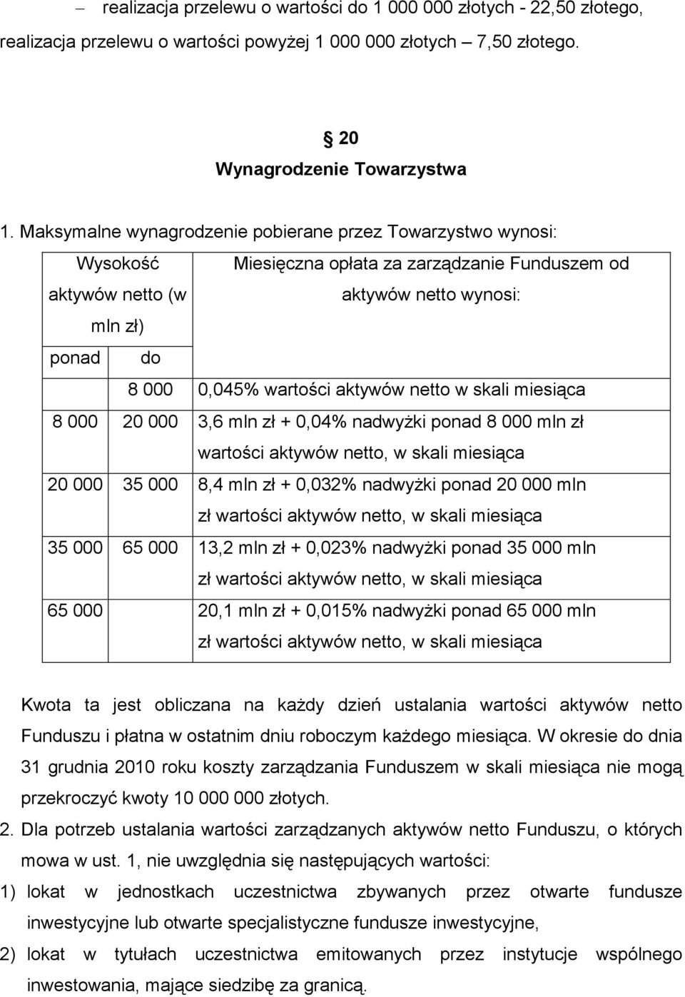 aktywów netto w skali miesiąca 8 000 20 000 3,6 mln zł + 0,04% nadwyżki ponad 8 000 mln zł wartości aktywów netto, w skali miesiąca 20 000 35 000 8,4 mln zł + 0,032% nadwyżki ponad 20 000 mln zł