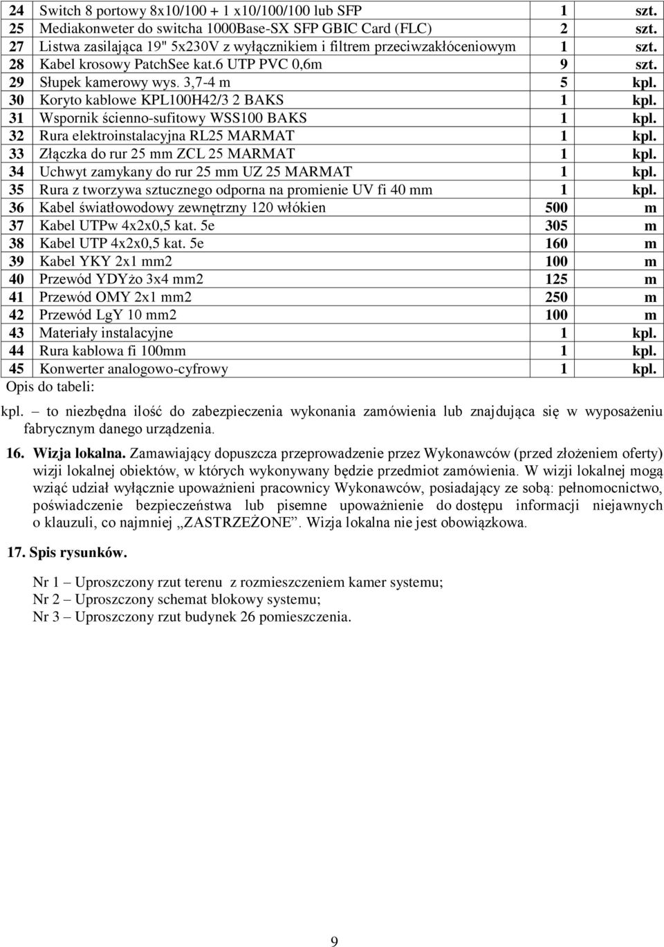 30 Koryto kablowe KPL100H42/3 2 BAKS 1 kpl. 31 Wspornik ścienno-sufitowy WSS100 BAKS 1 kpl. 32 Rura elektroinstalacyjna RL25 MARMAT 1 kpl. 33 Złączka do rur 25 mm ZCL 25 MARMAT 1 kpl.
