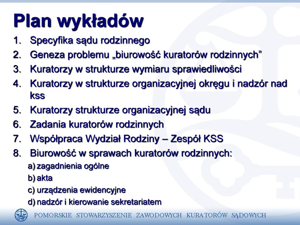 Kuratorzy strukturze organizacyjnej sądu 6. Zadania kuratorów rodzinnych 7. Współpraca Wydział Rodziny Zespół KSS 8.