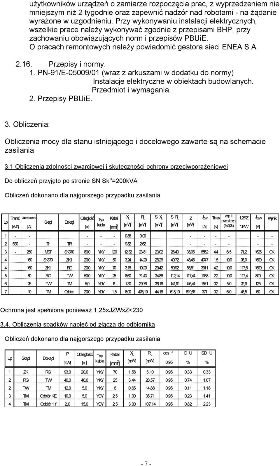 O pracach remontowych należy powiadomić gestora sieci ENEA S.A. 2.16. Przepisy i normy. 1. PN-91/E-05009/01 (wraz z arkuszami w dodatku do normy) Instalacje elektryczne w obiektach budowlanych.
