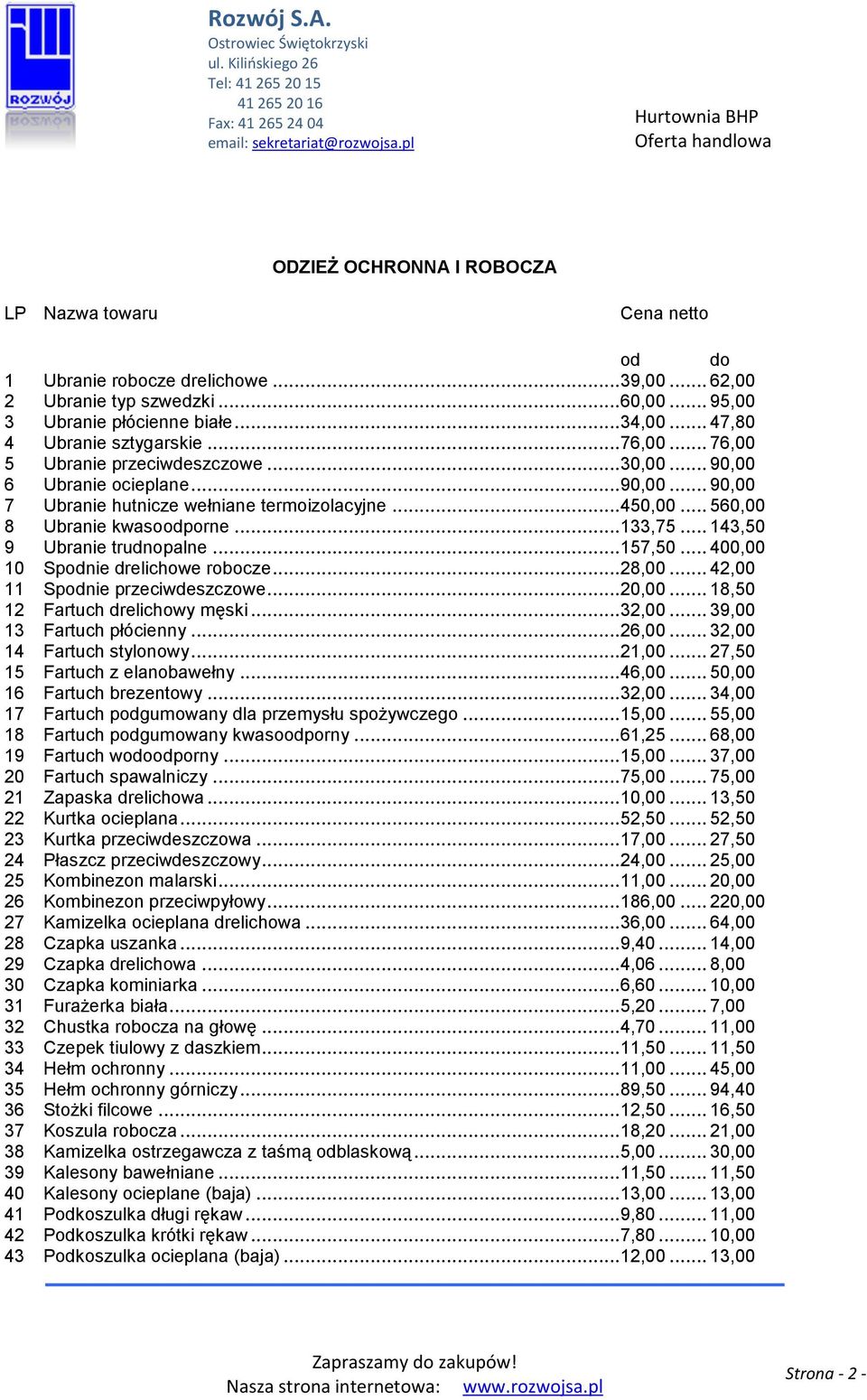 .. 143,50 9 Ubranie trudnopalne...157,50... 400,00 10 Spnie drelichowe robocze...28,00... 42,00 11 Spnie przeciwdeszczowe...20,00... 18,50 12 Fartuch drelichowy męski...32,00.