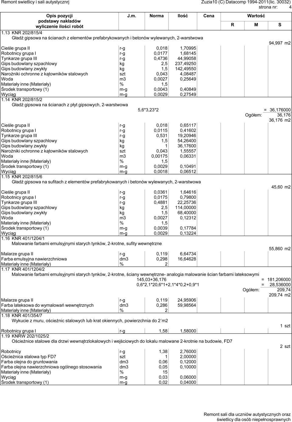 grupa III r-g 0,4736 44,99058 Gips budowlany szpachlowy kg 2,5 237,49250 Gips budowlany zwykły kg 1,5 142,49550 Narożniki ochronne z kątowników stalowych szt 0,043 4,08487 Woda m3 0,0027 0,25649