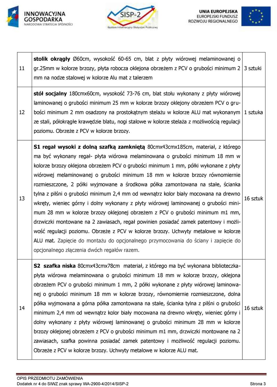 wykonany z płyty wiórowej laminowanej o grubości minimum 25 mm w kolorze brzozy oklejony obrzeżem PCV o grubości minimum 2 mm osadzony na prostokątnym stelażu w kolorze ALU mat wykonanym ze stali,