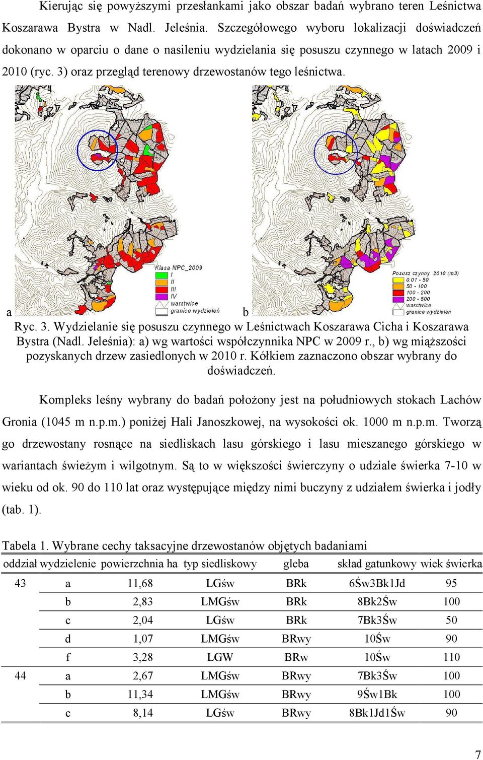 a b Ryc. 3. Wydzielanie się posuszu czynnego w Leśnictwach Koszarawa Cicha i Koszarawa Bystra (Nadl. Jeleśnia): a) wg wartości współczynnika NPC w 2009 r.