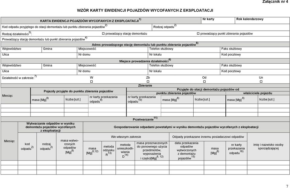 Adres prowadzącego stację demontażu lub punktu zbierania pojazdów 5) Miejsce prowadzenia działalności 6) Działalność w zakresie: W Zb Od Un Zbieranie Pojazdy przyjęte do punktu zbierania pojazdów