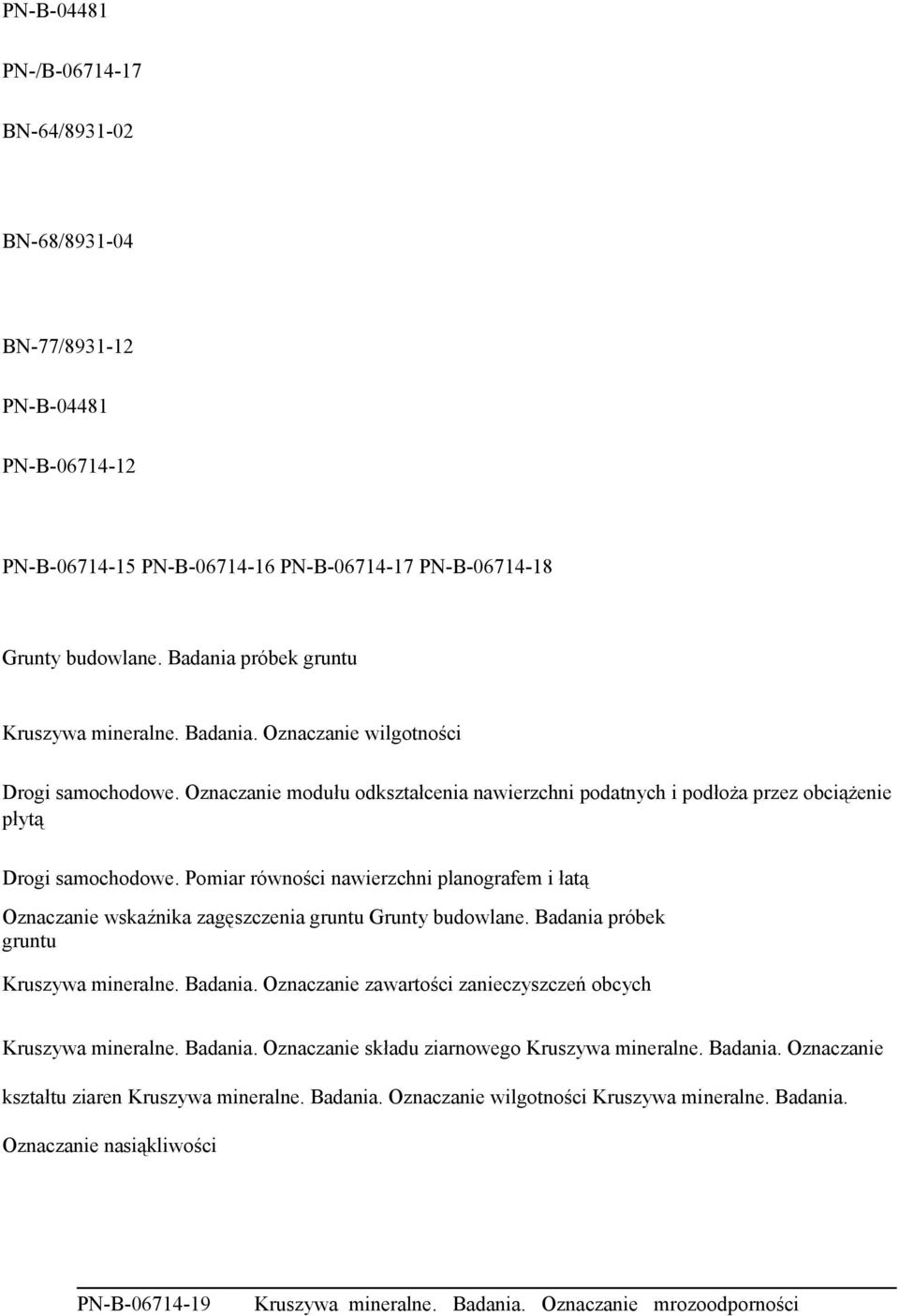 Pomiar równości nawierzchni planografem i łatą Oznaczanie wskaźnika zagęszczenia gruntu Grunty budowlane. Badania próbek gruntu Kruszywa mineralne. Badania. Oznaczanie zawartości zanieczyszczeń obcych Kruszywa mineralne.