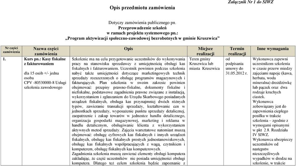 : Kasy fiskalne z fakturowaniem dla 15 osób +/- jedna osoba CPV -80530000-8 Usługi szkolenia zawodowego Opis Szkolenie ma na celu przygotowanie uczestników do wykonywania pracy na stanowisku
