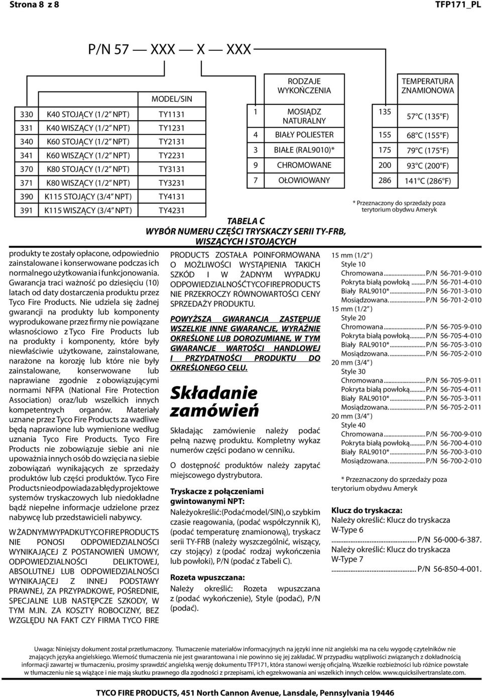 Nie udziela się żadnej gwarancji na produkty lub komponenty wyprodukowane przez firmy nie powiązane własnościowo z Tyco Fire Products lub na produkty i komponenty, które były niewłaściwie użytkowane,