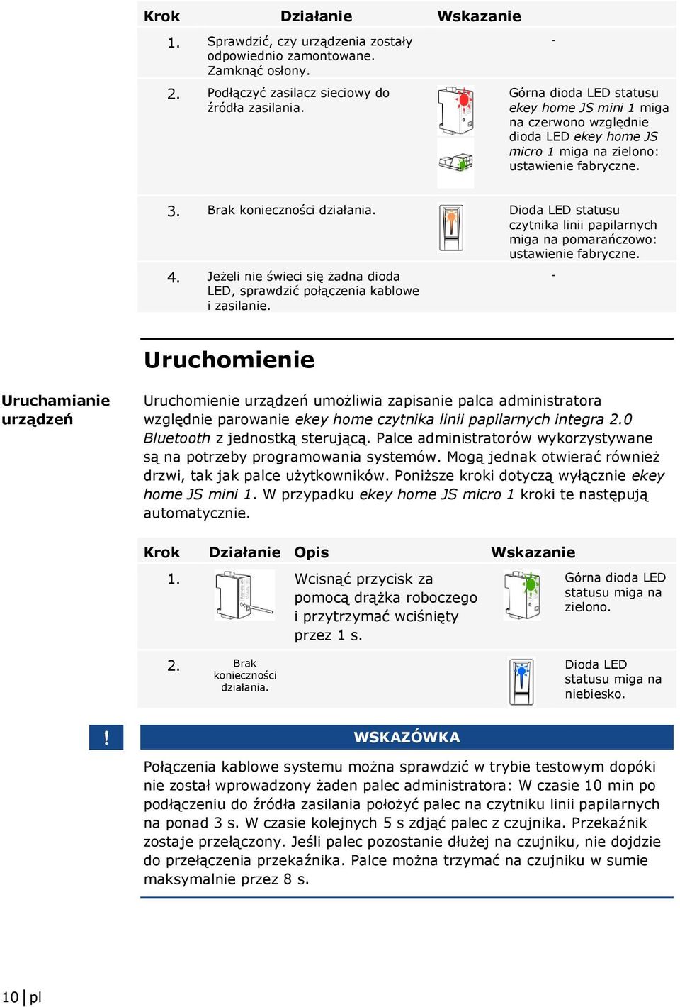 statusu czytnika linii papilarnych miga na pomarańczowo: ustawienie fabryczne. 4. Jeżeli nie świeci się żadna dioda LED, sprawdzić połączenia kablowe i zasilanie.