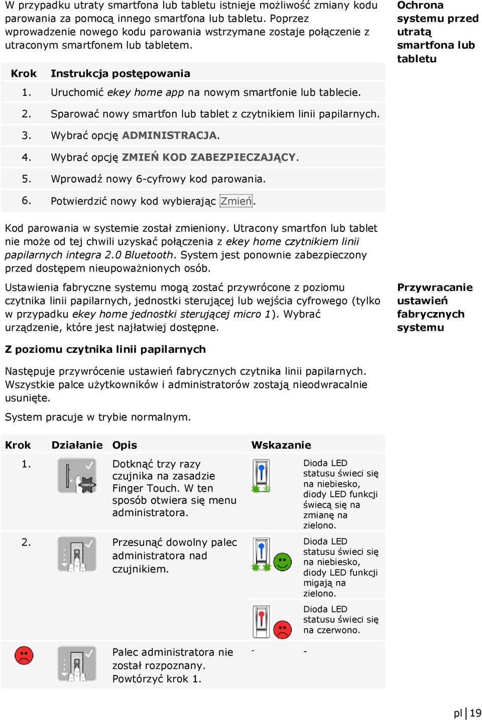 Ochrona systemu przed utratą smartfona lub tabletu 2. Sparować nowy smartfon lub tablet z czytnikiem linii papilarnych. 3. Wybrać opcję ADMINISTRACJA. 4. Wybrać opcję ZMIEŃ KOD ZABEZPIECZAJĄCY. 5.