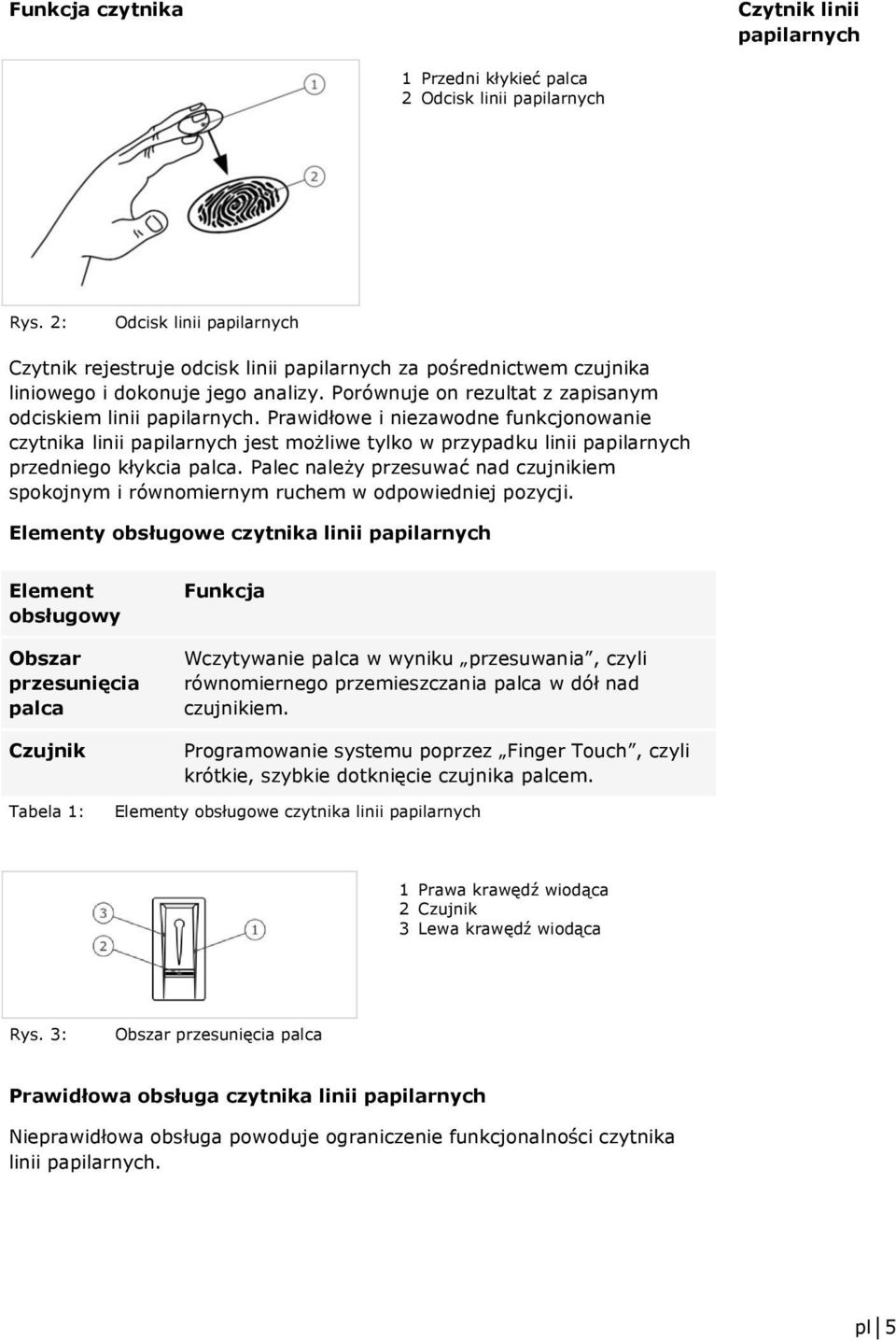 Prawidłowe i niezawodne funkcjonowanie czytnika linii papilarnych jest możliwe tylko w przypadku linii papilarnych przedniego kłykcia palca.