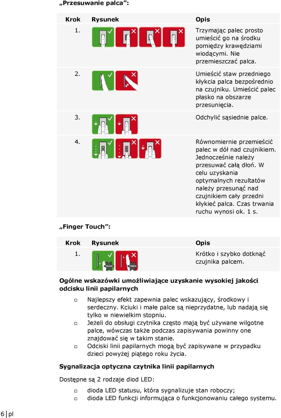 Jednocześnie należy przesuwać całą dłoń. W celu uzyskania optymalnych rezultatów należy przesunąć nad czujnikiem cały przedni kłykieć palca. Czas trwania ruchu wynosi ok. 1 s.