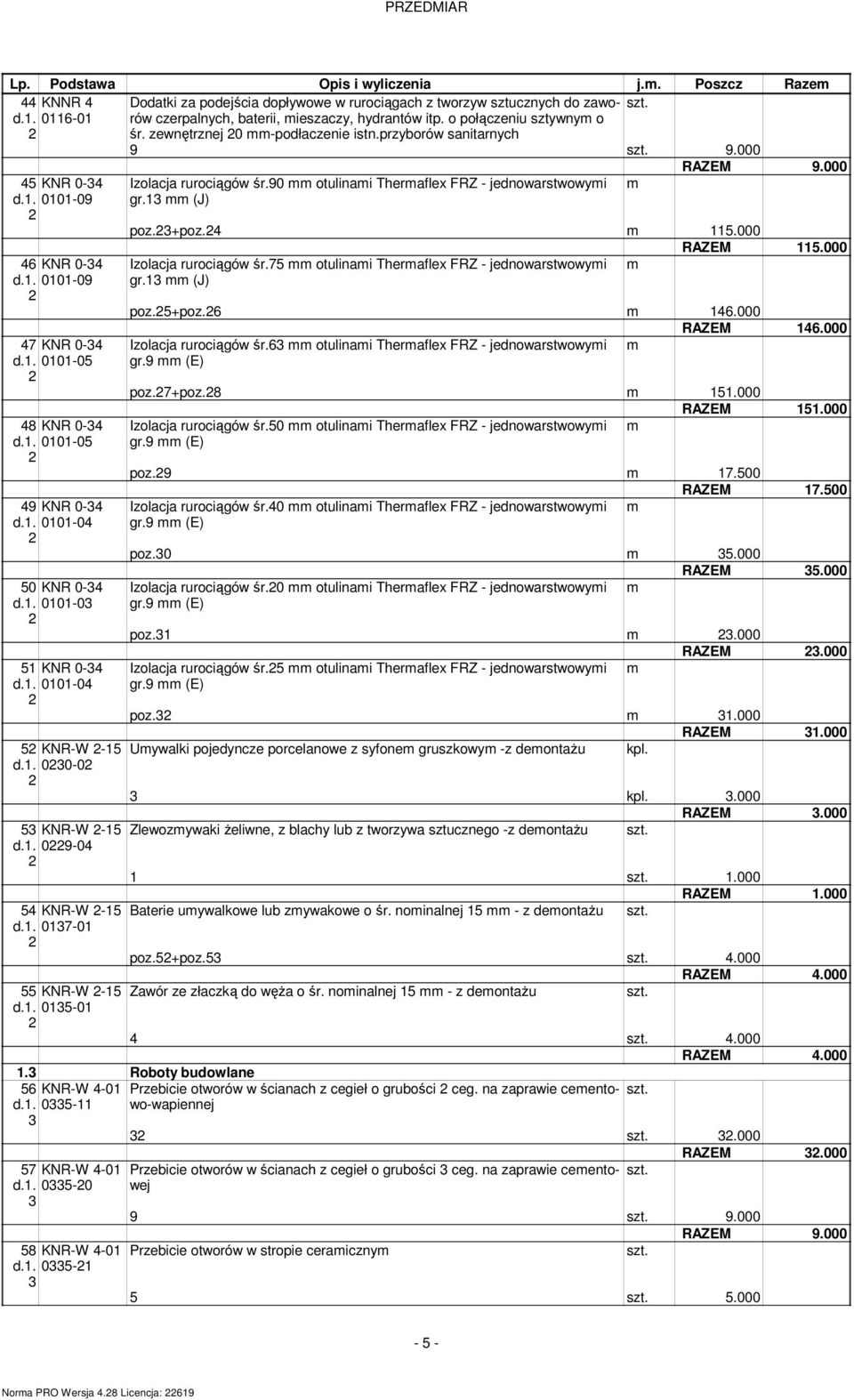 . 09-04 54 KNR-W -5 d.. 07-0 55 KNR-W -5 d.. 05-0 Izolacja rurociągów śr.90 otulinai Theraflex FRZ - jednowarstwowyi gr. (J) RAZEM 9.000 poz.+poz.4 5.000 RAZEM 5.000 Izolacja rurociągów śr.