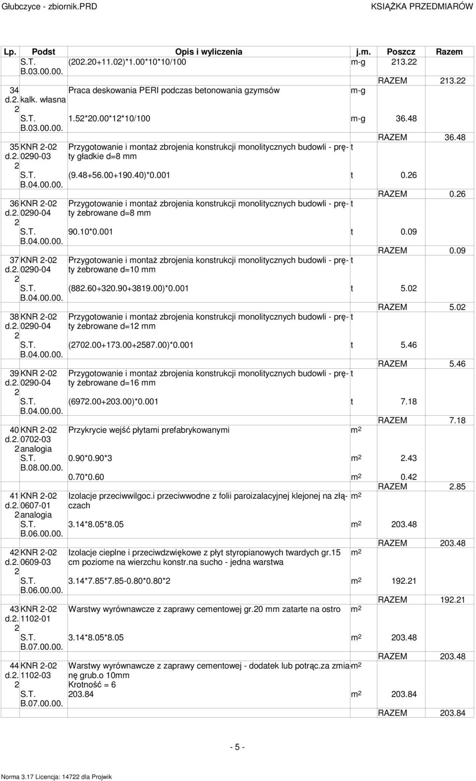 . 090-04 Przygoowanie i onaż zbrojenia konsrukcji onoliycznych budowli - pręy żebrowane d=8 90.0*0.00 0.09 RAZEM 0.09 7KNR -0 d.