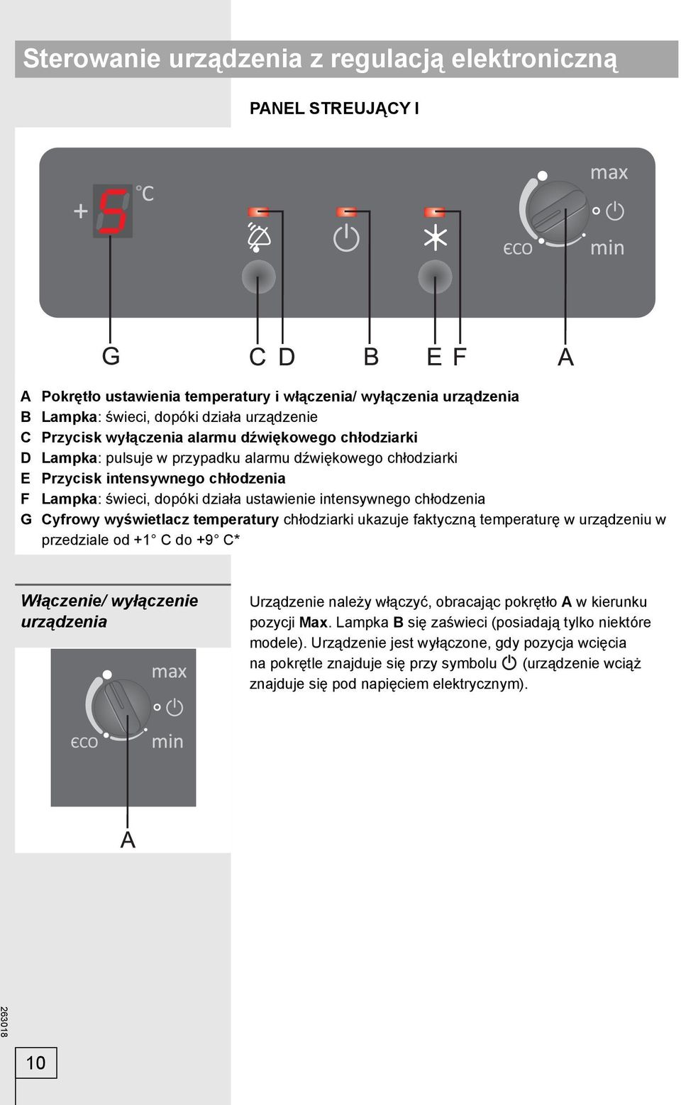Cyfrowy wyświetlacz temperatury chłodziarki ukazuje faktyczną temperaturę w urządzeniu w przedziale od +1 C do +9 C* Włączenie/ wyłączenie urządzenia Urządzenie należy włączyć, obracając pokrętło A w