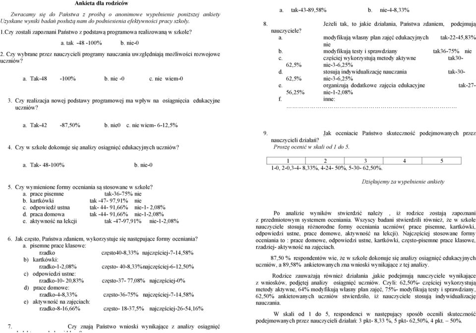 nie -0 c. nie wiem-0 3. Czy realizacja nowej podstawy programowej ma wpływ na osiągnięcia edukacyjne uczniów? a. tak-43-89,58% b. nie-4-8,33% 8.