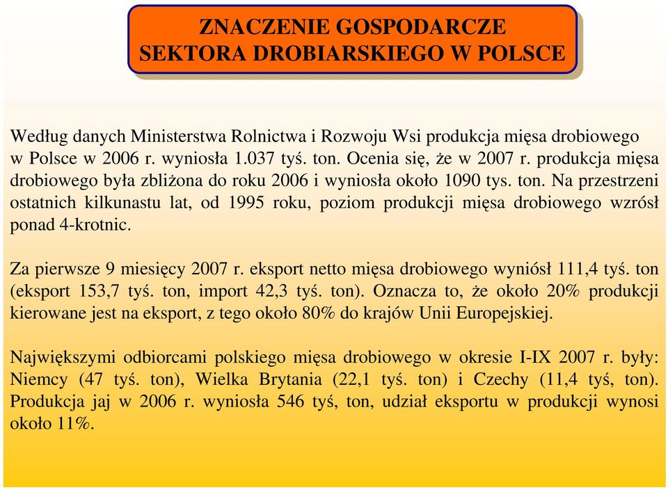 Za pierwsze 9 miesięcy 2007 r. eksport netto mięsa drobiowego wyniósł 111,4 tyś. ton (eksport 153,7 tyś. ton, import 42,3 tyś. ton).