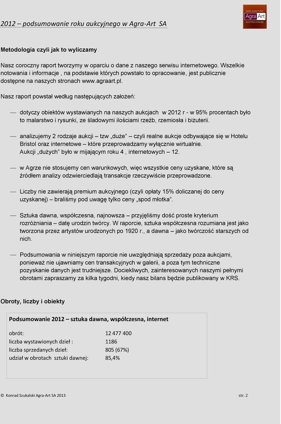 Nasz raport powstał według następujących założeń: dotyczy obiektów wystawianych na naszych aukcjach w 2012 r - w 95% procentach było to malarstwo i rysunki, ze śladowymi ilościami rzeźb, rzemiosła i