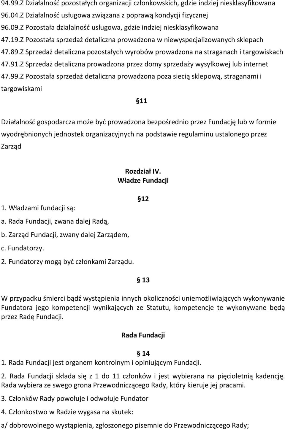 Z Sprzedaż detaliczna pozostałych wyrobów prowadzona na straganach i targowiskach 47.91.Z Sprzedaż detaliczna prowadzona przez domy sprzedaży wysyłkowej lub internet 47.99.