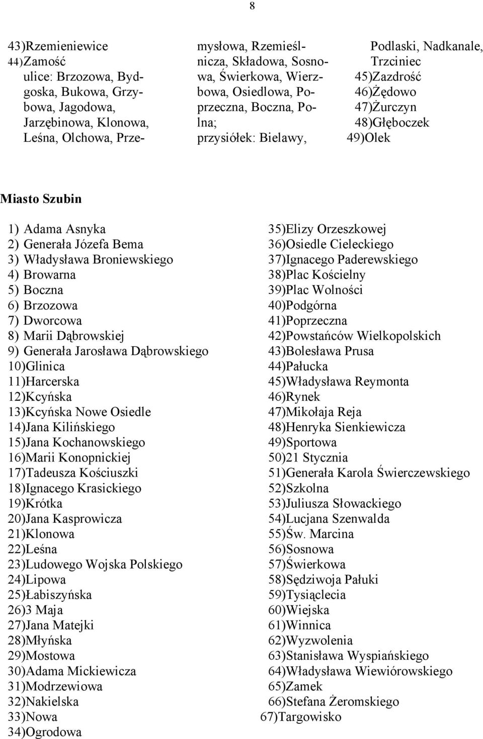 Broniewskiego 4) Browarna 5) Boczna 6) Brzozowa 7) Dworcowa 8) Marii Dąbrowskiej 9) Generała Jarosława Dąbrowskiego 10)Glinica 11)Harcerska 12)Kcyńska 13)Kcyńska Nowe Osiedle 14)Jana Kilińskiego