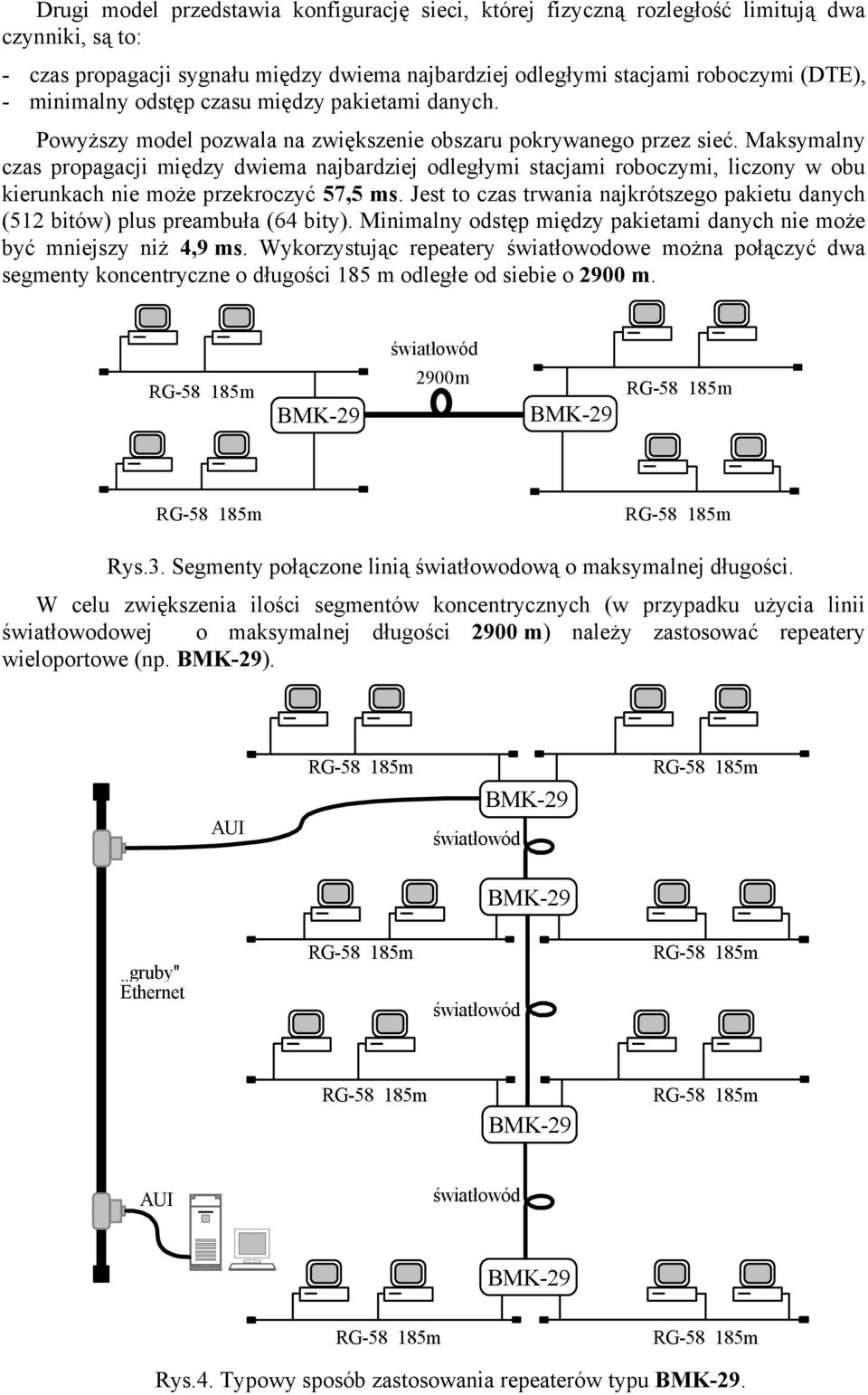 Maksymalny czas propagacji między dwiema najbardziej odległymi stacjami roboczymi, liczony w obu kierunkach nie może przekroczyć 57,5 ms.