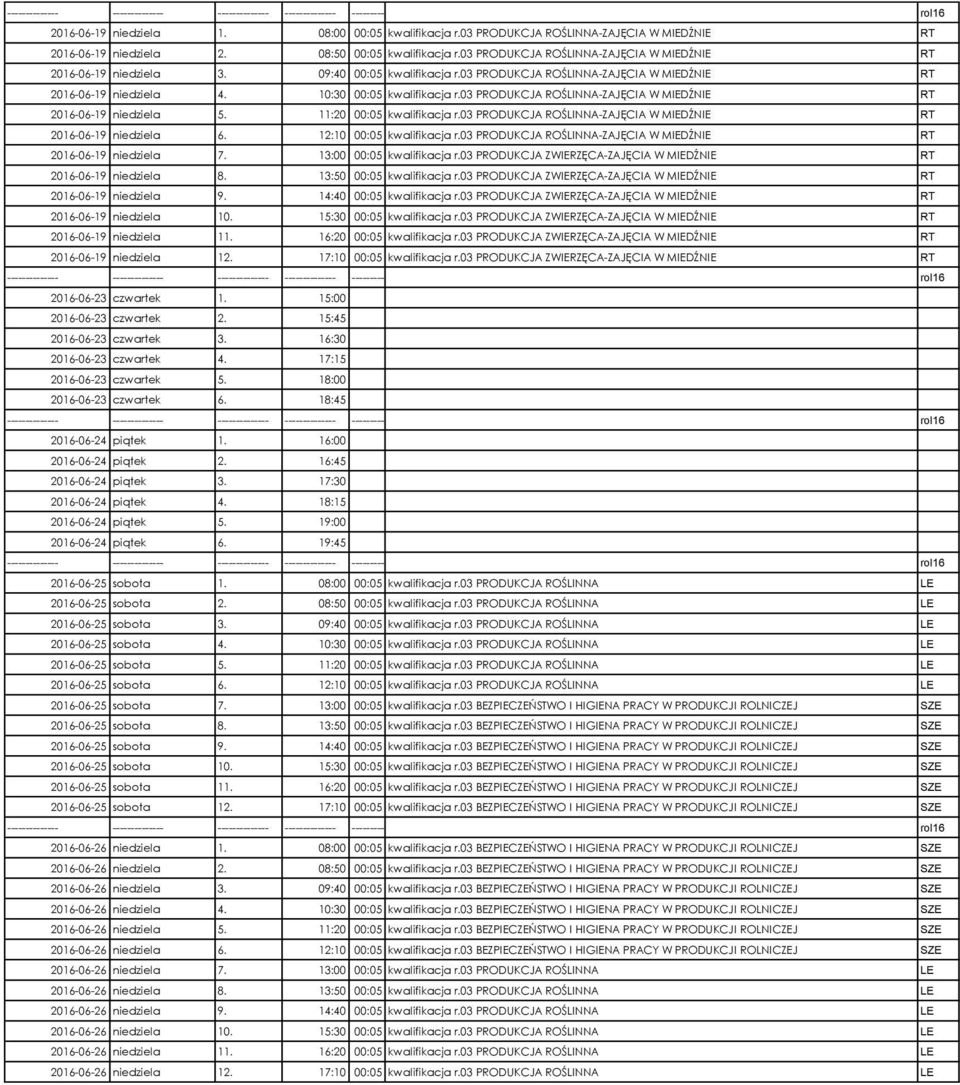 03 PRODUKCJA ROŚLINNA-ZAJĘCIA W MIEDŹNIE RT 2016-06-19 niedziela 5. 11:20 00:05 kwalifikacja r.03 PRODUKCJA ROŚLINNA-ZAJĘCIA W MIEDŹNIE RT 2016-06-19 niedziela 6. 12:10 00:05 kwalifikacja r.