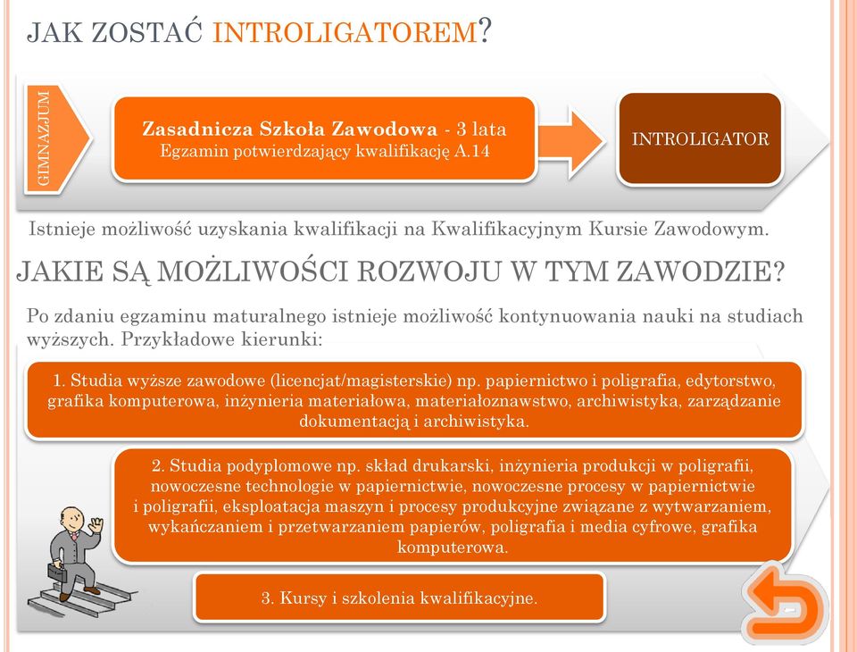 Po zdaniu egzaminu maturalnego istnieje możliwość kontynuowania nauki na studiach wyższych. Przykładowe kierunki: 1. Studia wyższe zawodowe (licencjat/magisterskie) np.