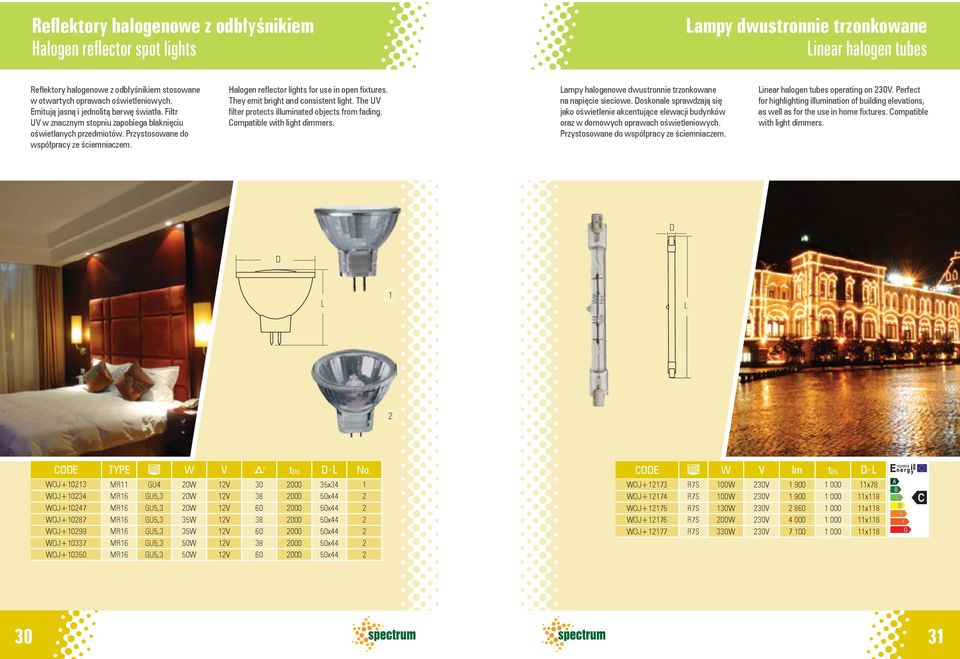 Halogen reflector lights for use in open fixtures. They emit bright and consistent light. The UV filter protects illuminated objects from fading. Compatible with light dimmers.