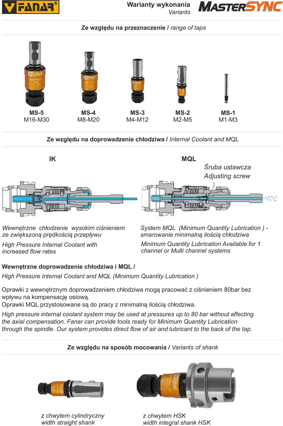 Quantity Lubrication ) - smarowanie minimalną ilością chłodziwa Minimum Quantity Lubrication Available for 1 channel or Multi channel systems Wewnętrzne doprowadzenie chłodziwa i MQL / High Pressure