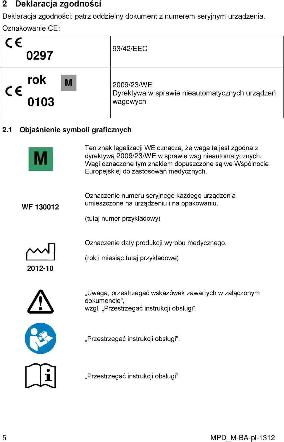 1 Objaśnienie symboli graficznych Ten znak legalizacji WE oznacza, że waga ta jest zgodna z dyrektywą 2009/23/WE w sprawie wag nieautomatycznych.