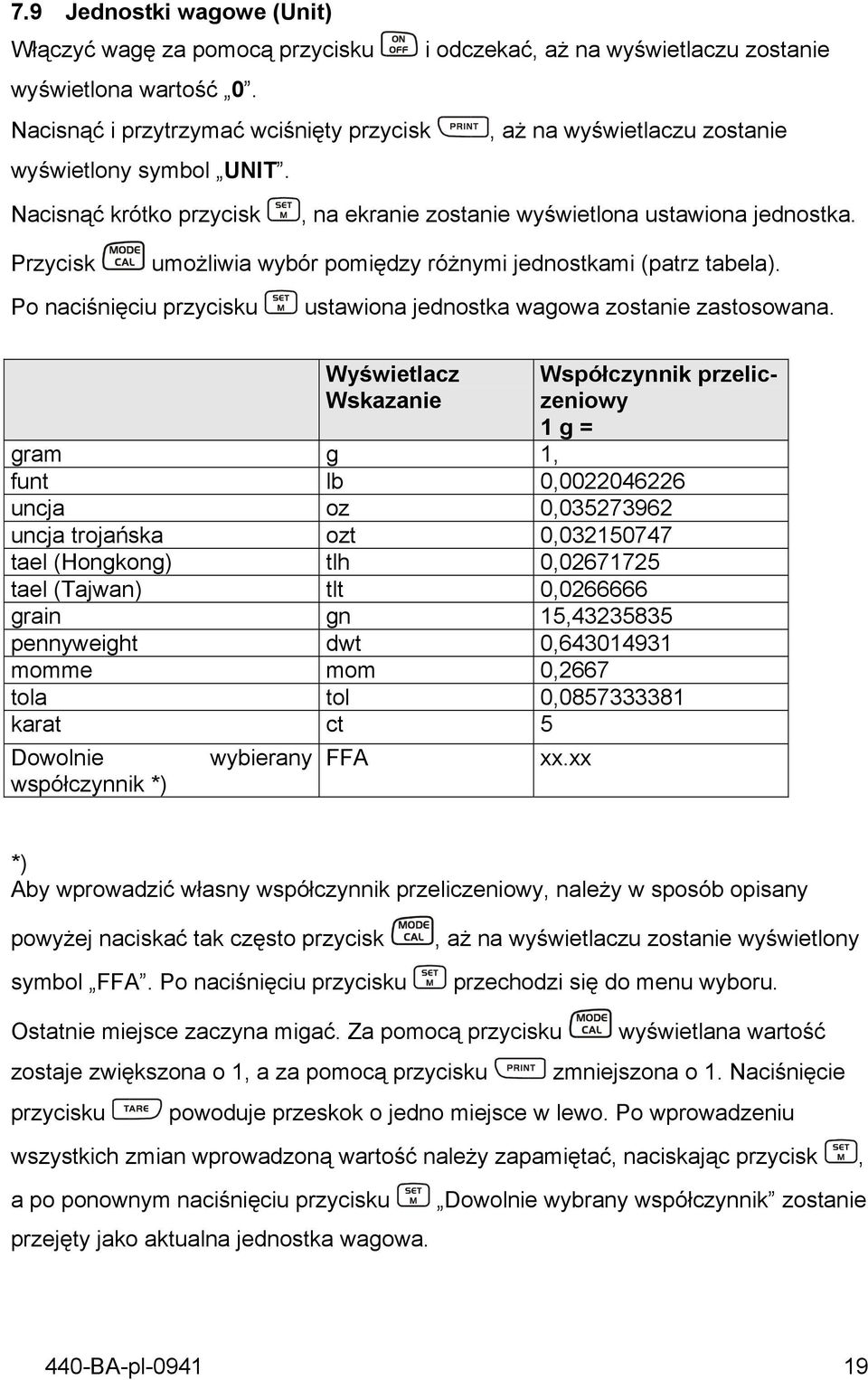 Przycisk umożliwia wybór pomiędzy różnymi jednostkami (patrz tabela). Po naciśnięciu przycisku ustawiona jednostka wagowa zostanie zastosowana.