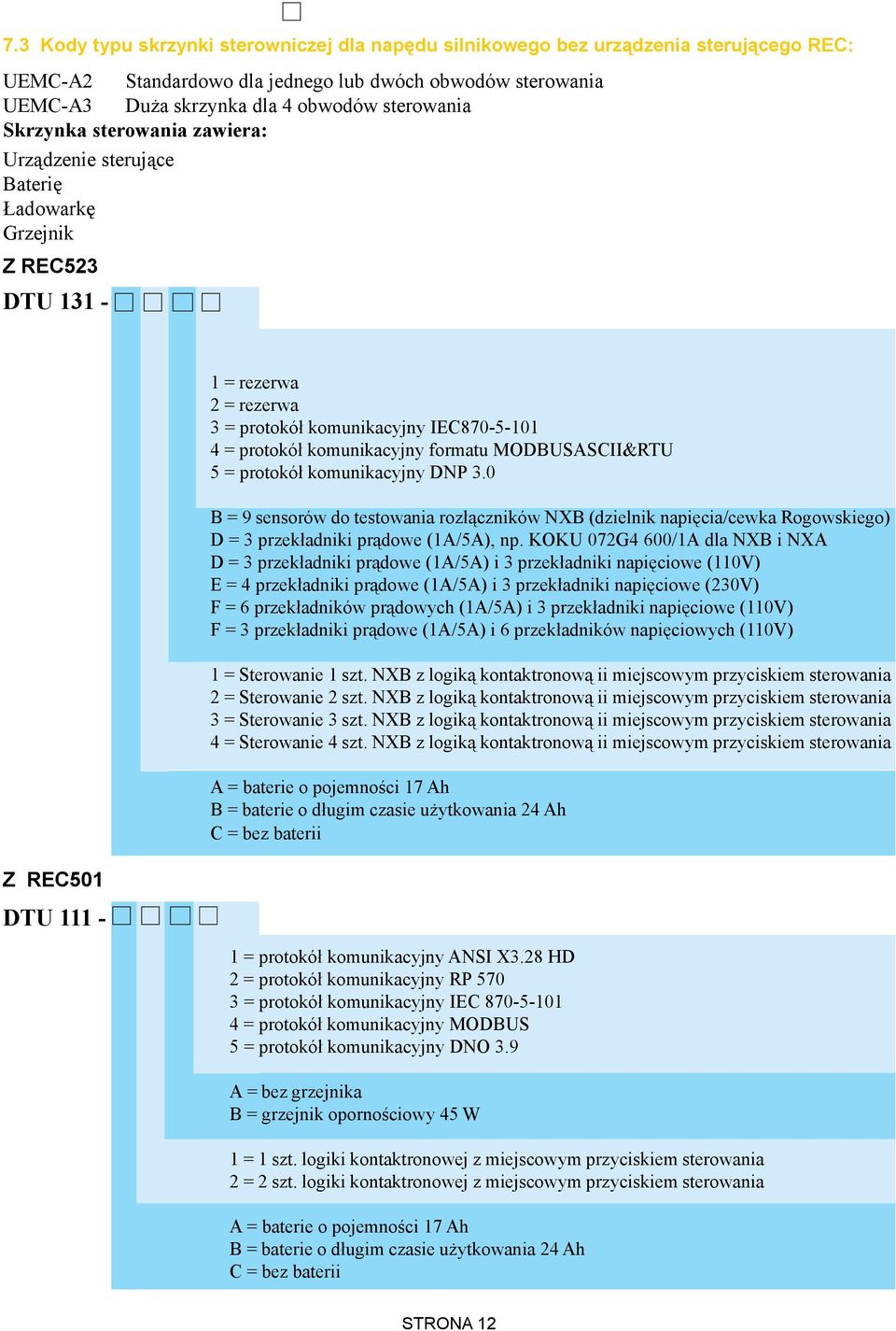 MODBUSASCII&RTU 5 = protokó³ komunikacyjny DNP 3.0 B = 9 sensorów do testowania roz³¹czników NXB (dzielnik napiêcia/cewka Rogowskiego) D = 3 przek³adniki pr¹dowe (1A/5A), np.