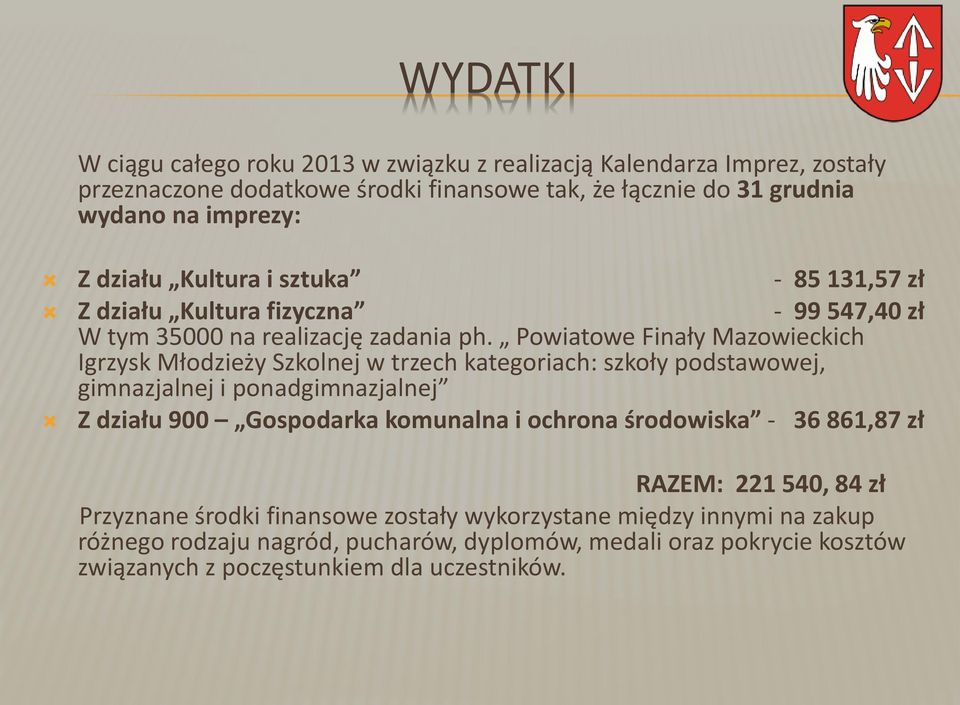 Powiatowe Finały Mazowieckich Igrzysk Młodzieży Szkolnej w trzech kategoriach: szkoły podstawowej, gimnazjalnej i ponadgimnazjalnej Z działu 900 Gospodarka komunalna i ochrona